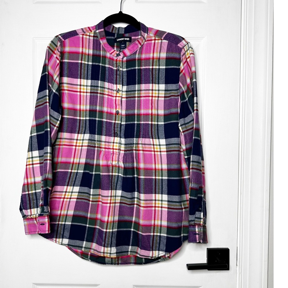 Lands End Pink Plaid Pleated Flannel‎ Popover Button Front Women's 14Petite